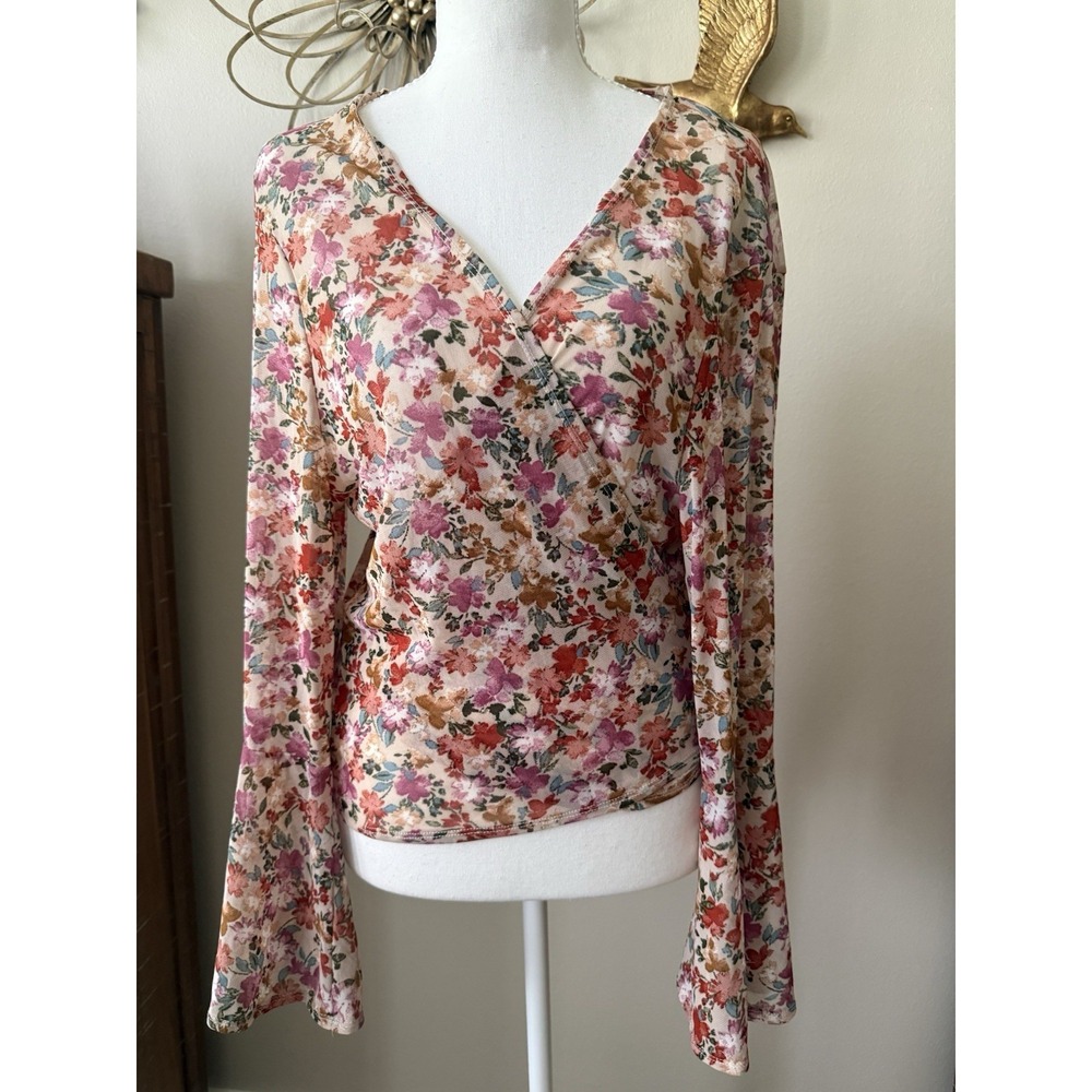 Liberty Love Floral Mesh Wrap Top XL Bell Sleeve Side Tie Cottagecore Boho